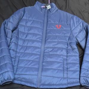 Blue Puffer Jacket with Red Logo
